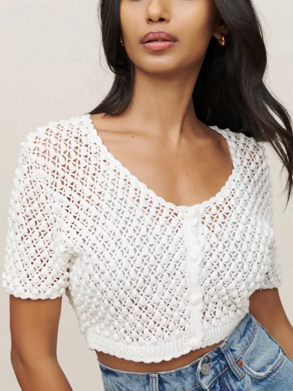 Kroshetta Vintage White Cropped Crochet Elsie Top Medium Reformation